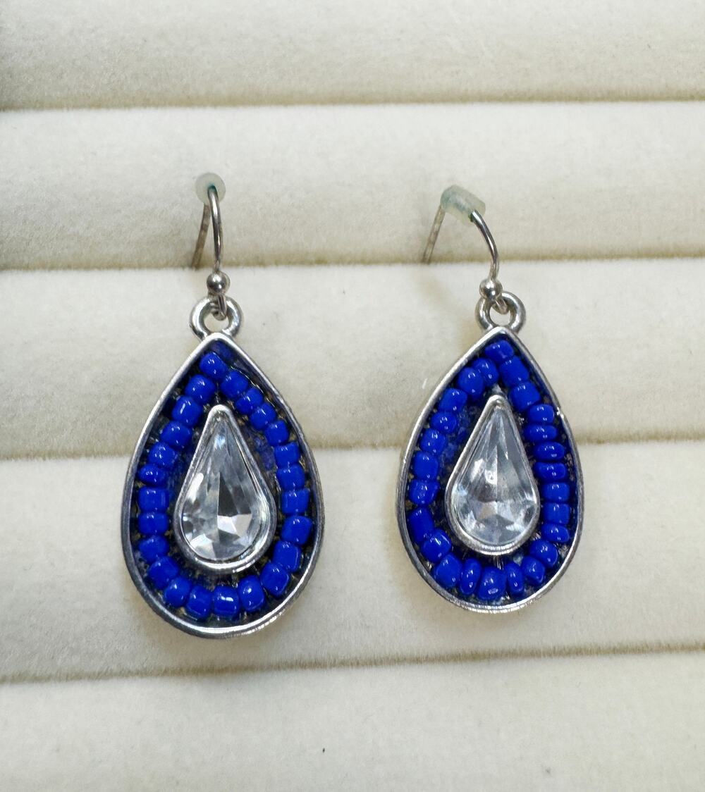 Blue Beaded Teardrop Dangle Earrings Silver Clear Crystal 1.25" Pre-Loved E611